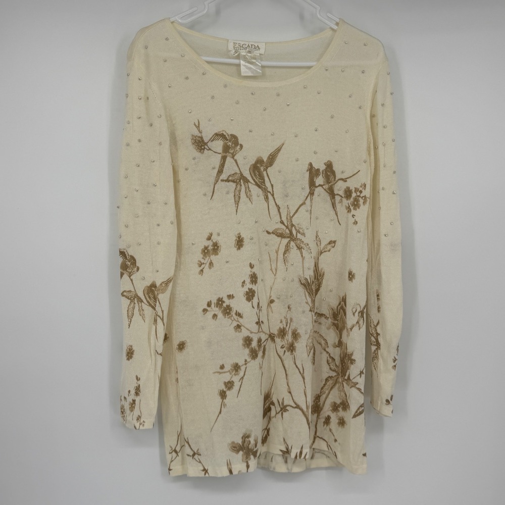 Vintage Escada Margaretha Ley Linen Beaded Bird Floral Sweater Tunic 38